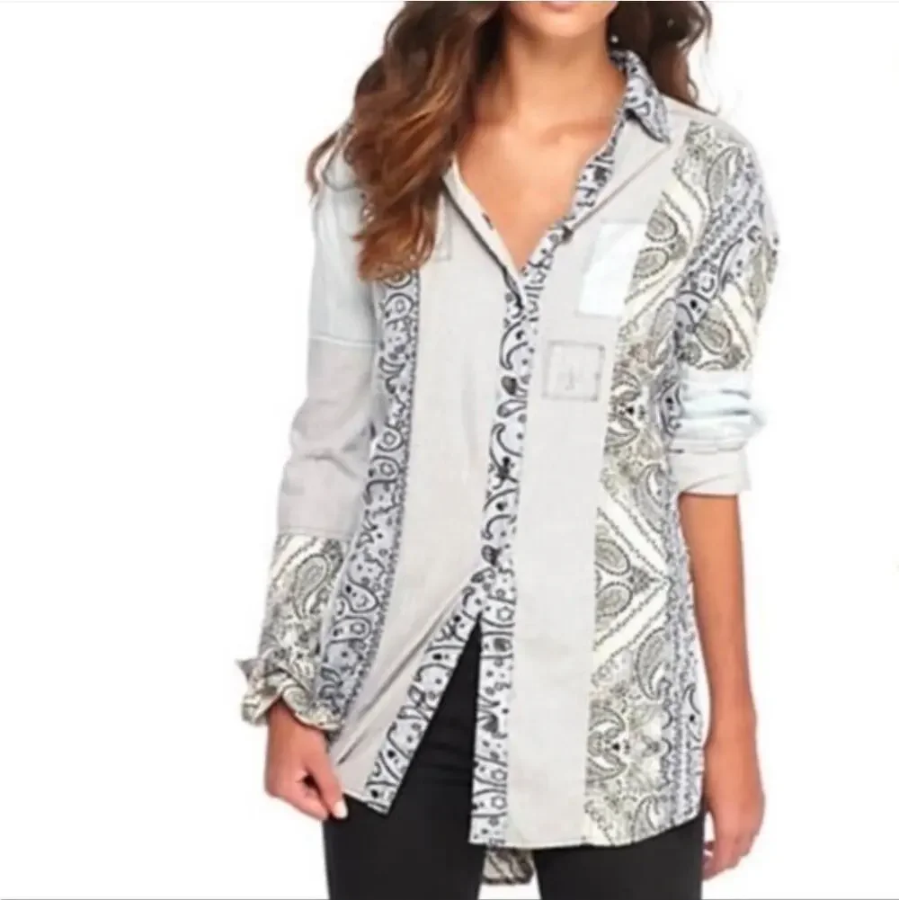Free People Blue Distressed Patchwork Shirt